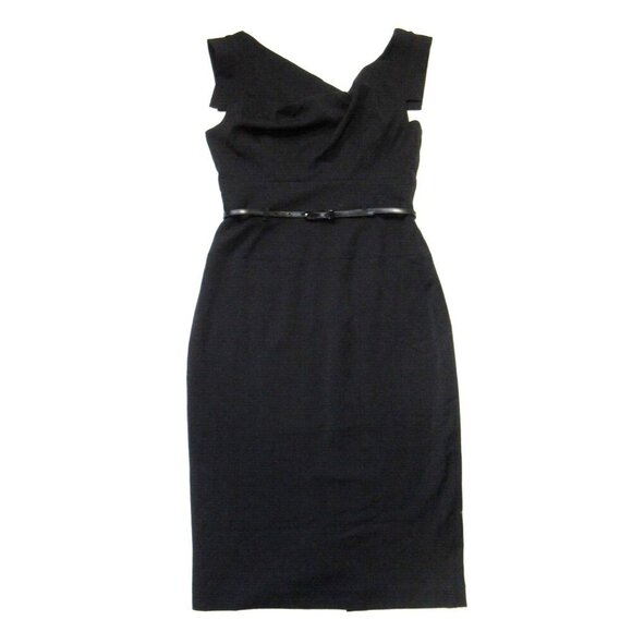 NWT Black Halo Jackie in Black Stretch Gabardine Belted Sheath Dress 8 $375